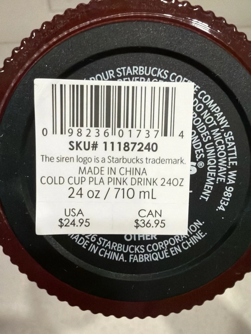 Starbucks Pink Cold Cup 24oz with Ribbed Lid